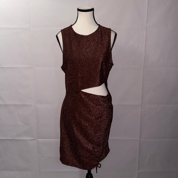 H&M Divided Brown Glitter Ruched Cut-Out Bodycon Dress – Size Large - Picture 1 of 8